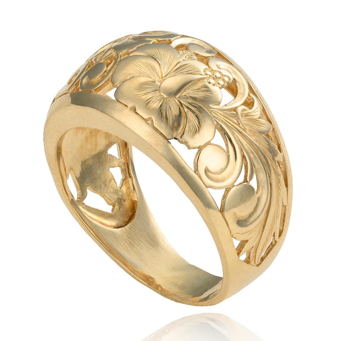 Hawaiian Hibiscus Domed Band Ring in 14K Yellow Gold