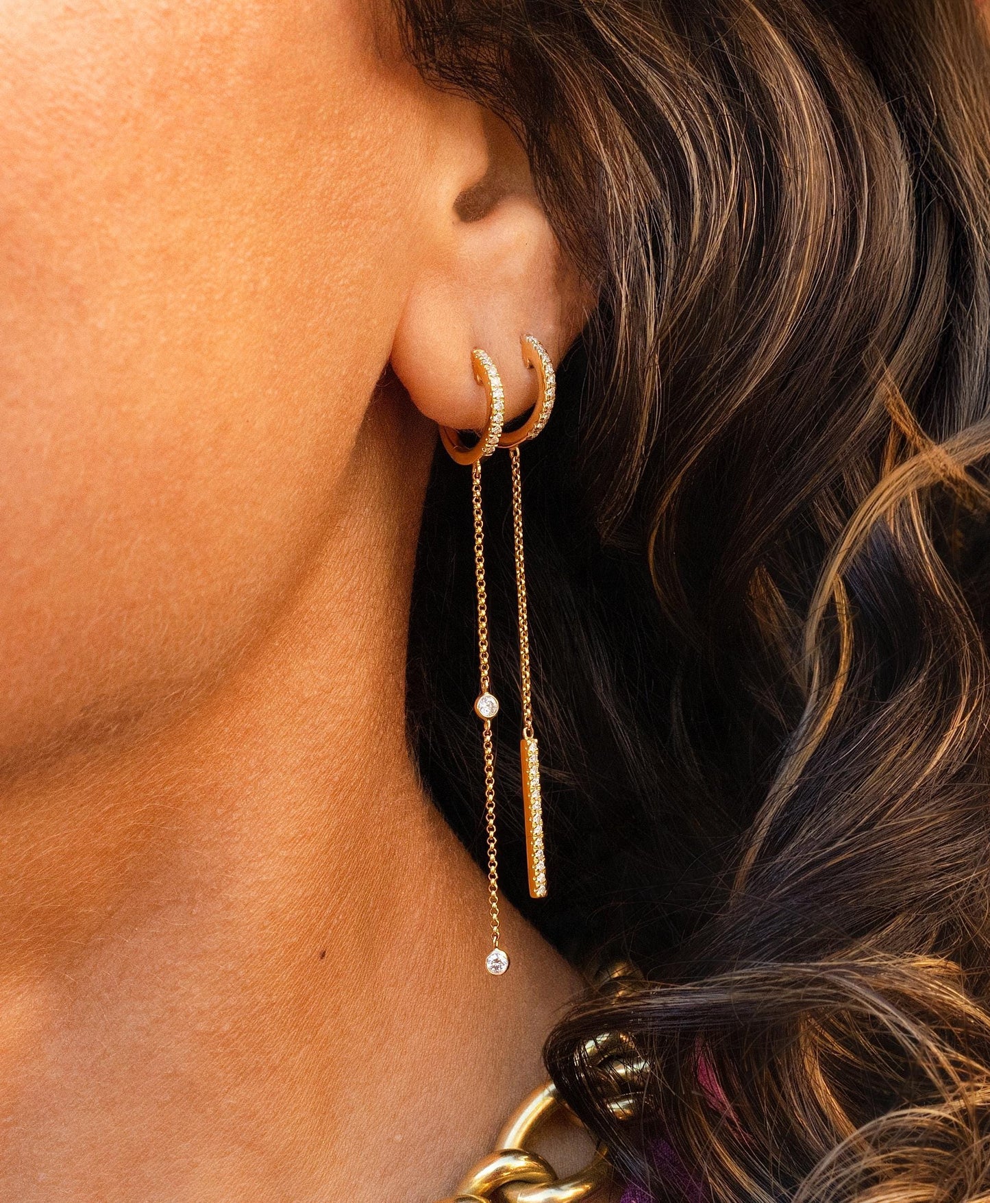 Diamond Hinged Hoop Chain Bar Earrings in 14K Yellow Gold