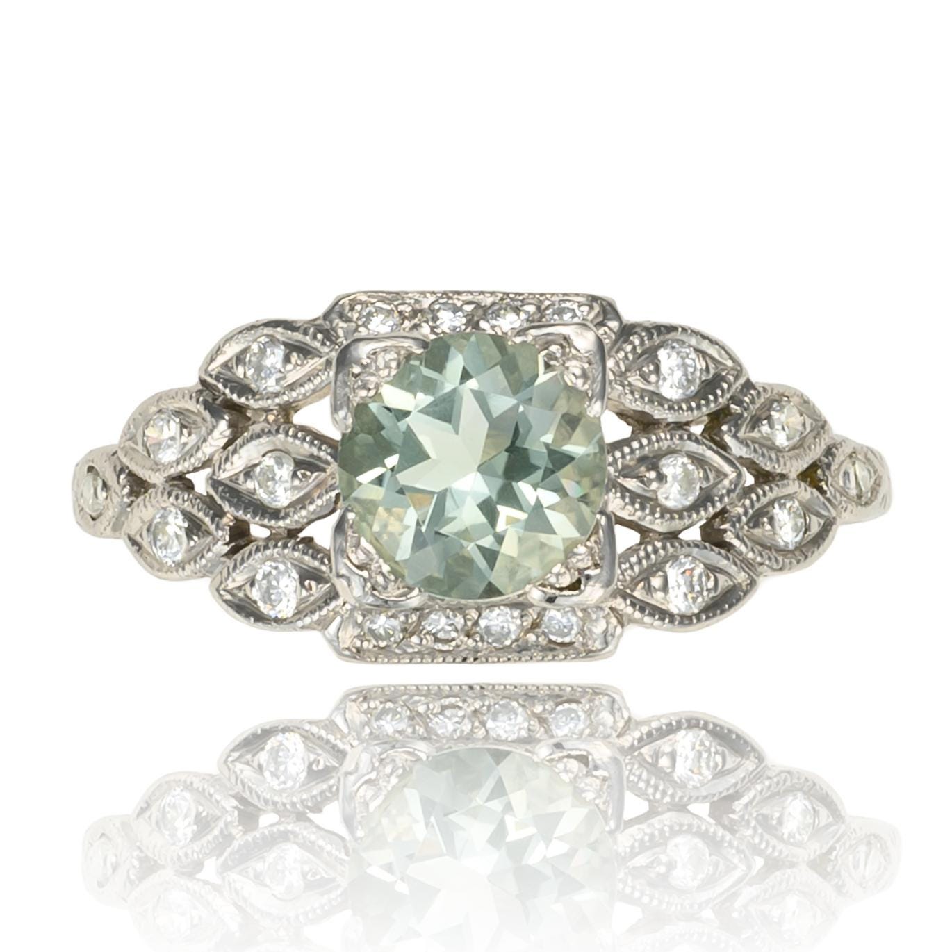 VINTAGE Green Amethyst Diamond Ring in Platinum