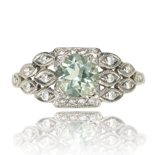 VINTAGE Green Amethyst Diamond Ring in Platinum