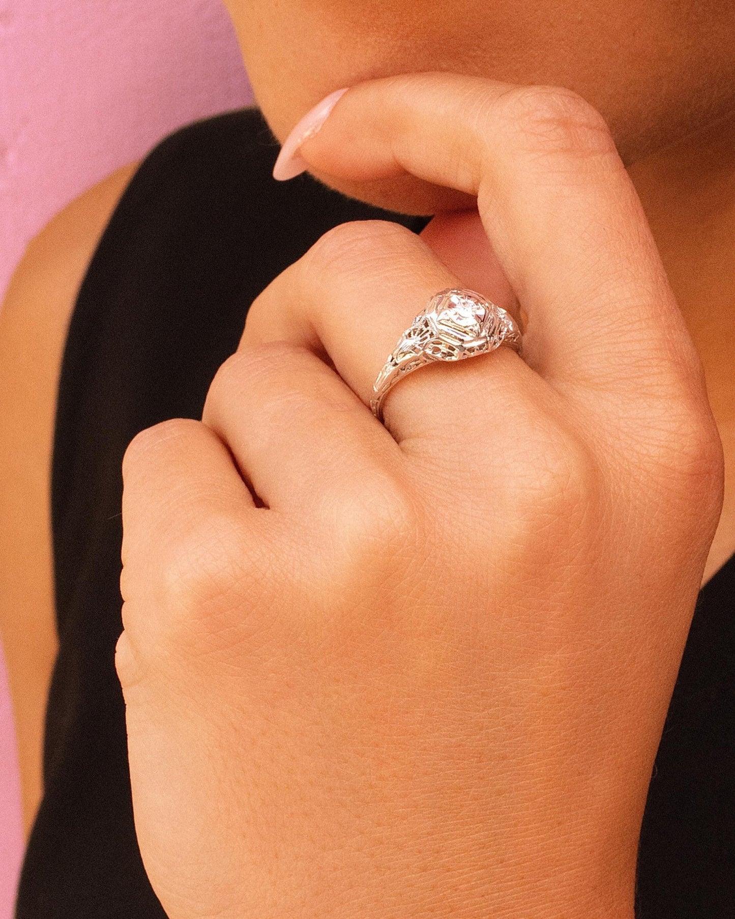Art Deco Diamond Filigree Ring in 18K White Gold