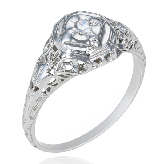 Art Deco Diamond Filigree Ring in 18K White Gold
