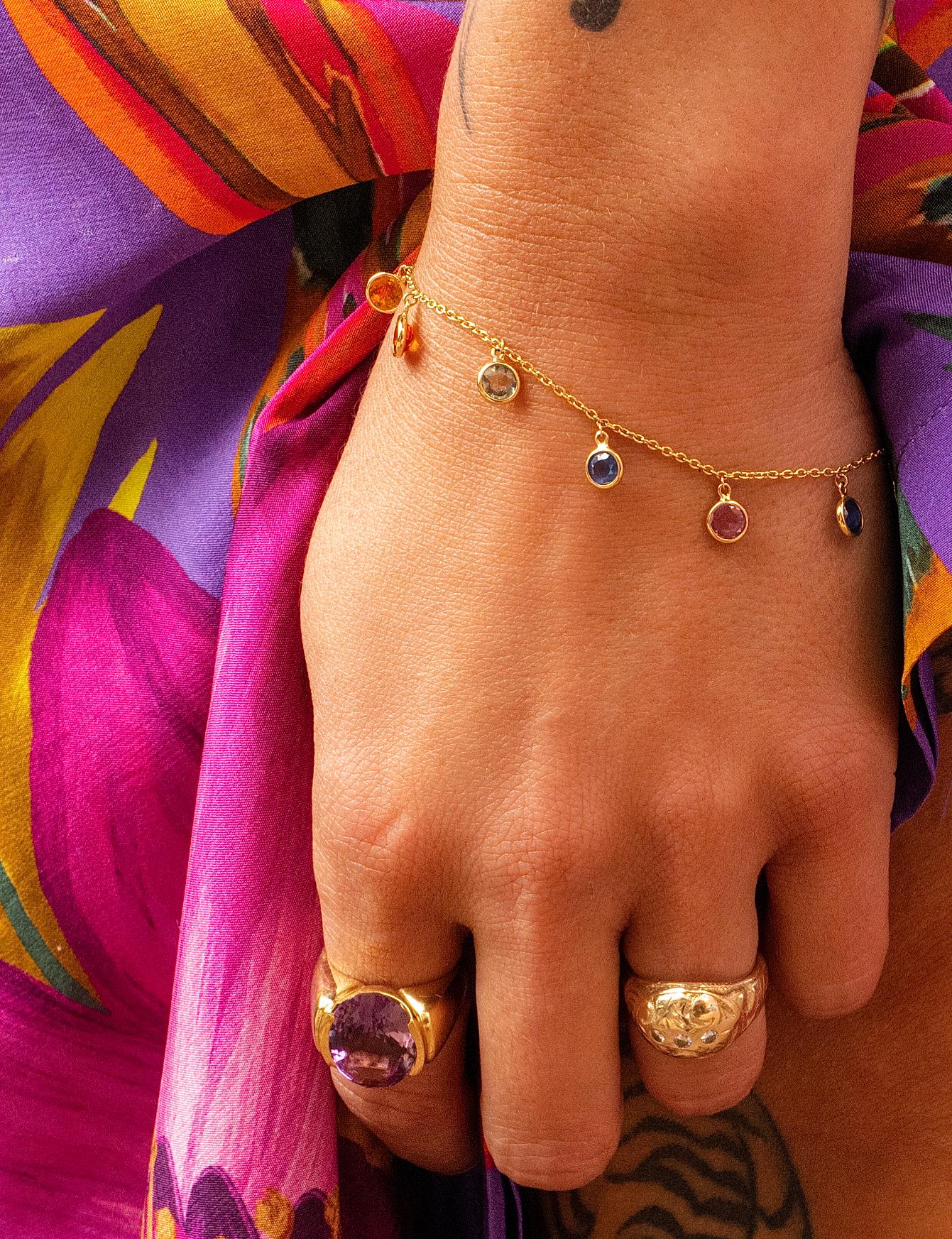 Rainbow Sapphire Dangle Bracelet in 18K Yellow Gold
