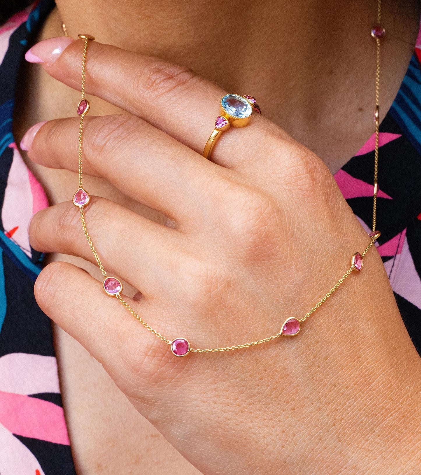 Pink Sapphire Station Necklace in 18K Yellow Gold
