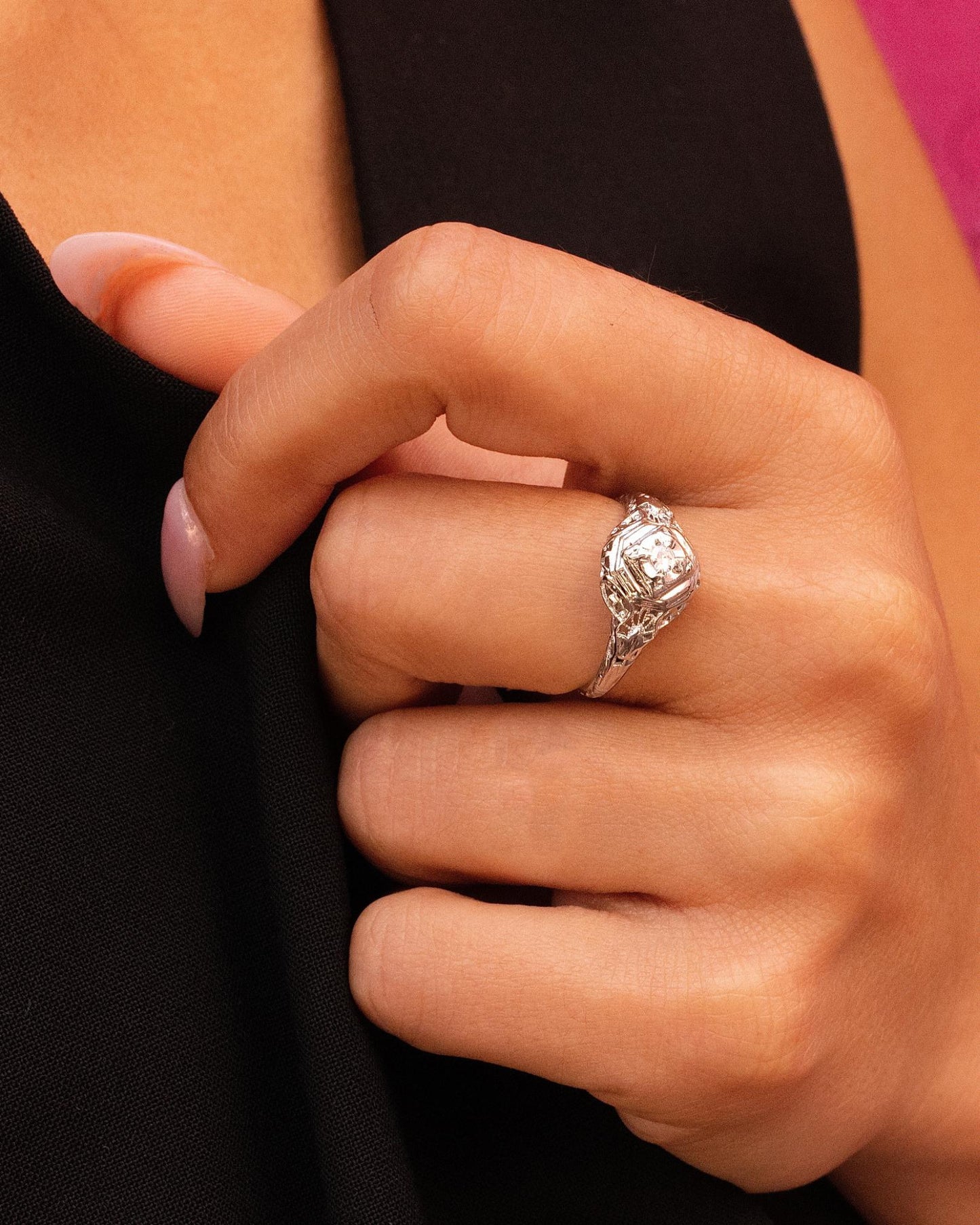 Art Deco Diamond Filigree Ring in 18K White Gold