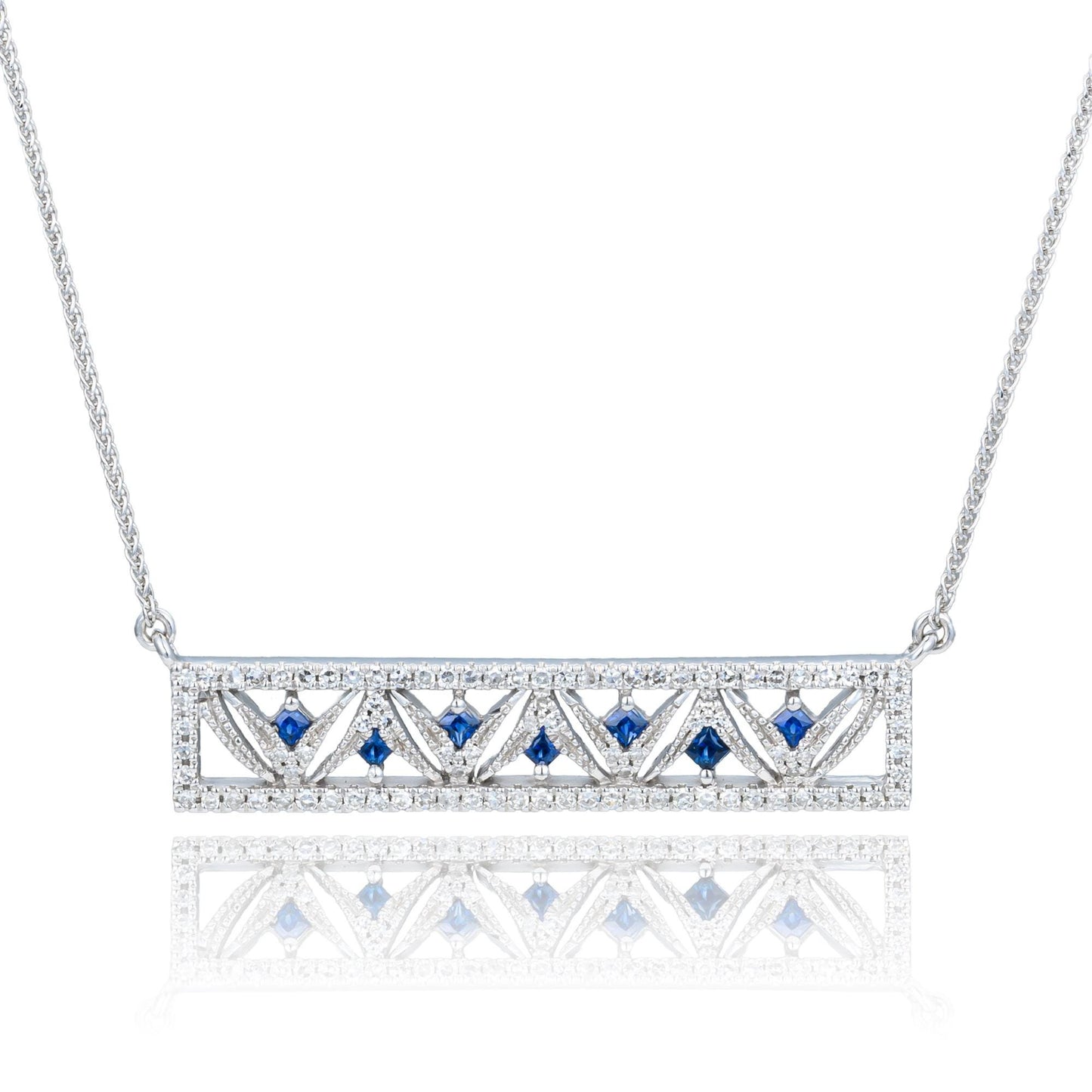 Estate Diamond & Sapphire Bar Necklace in 14K White Gold