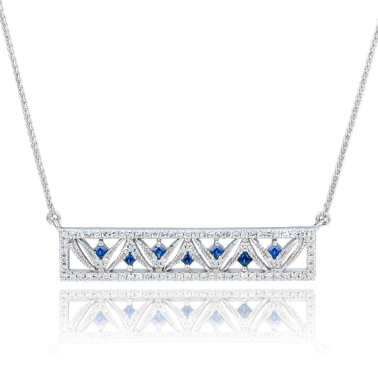 Estate Diamond & Sapphire Bar Necklace in 14K White Gold