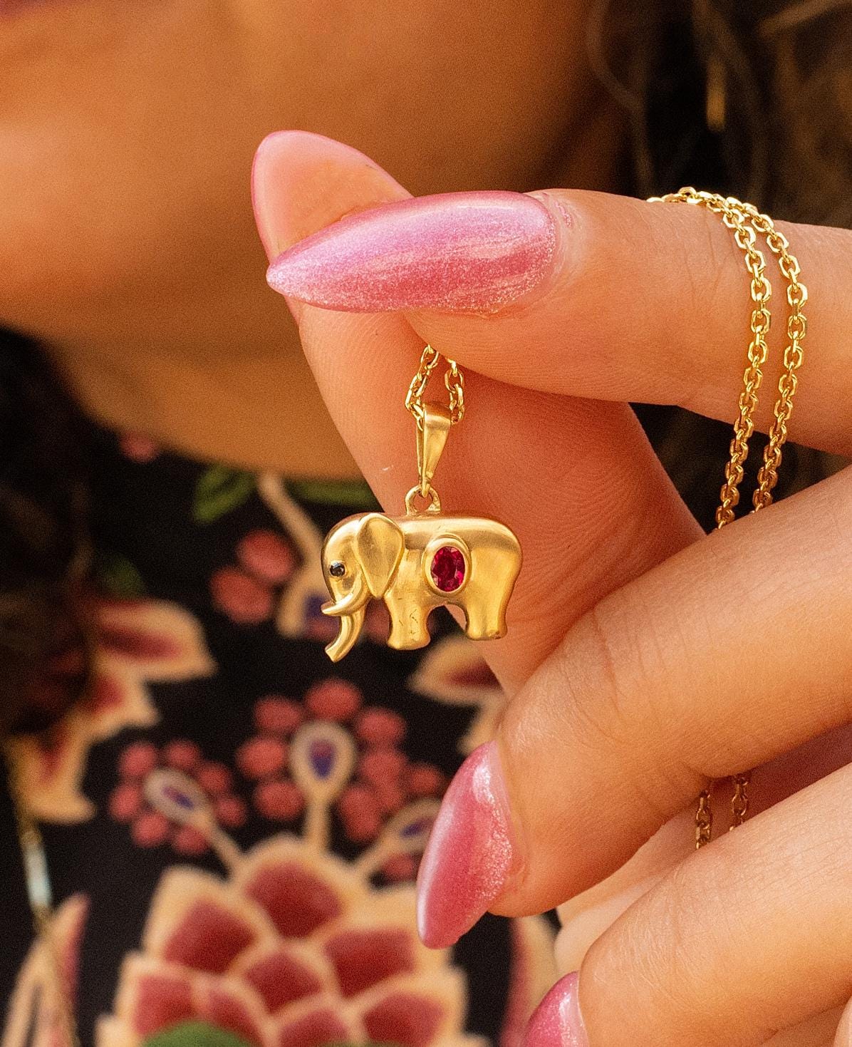 Ruby Elephant Pendant in 18K Yellow Gold
