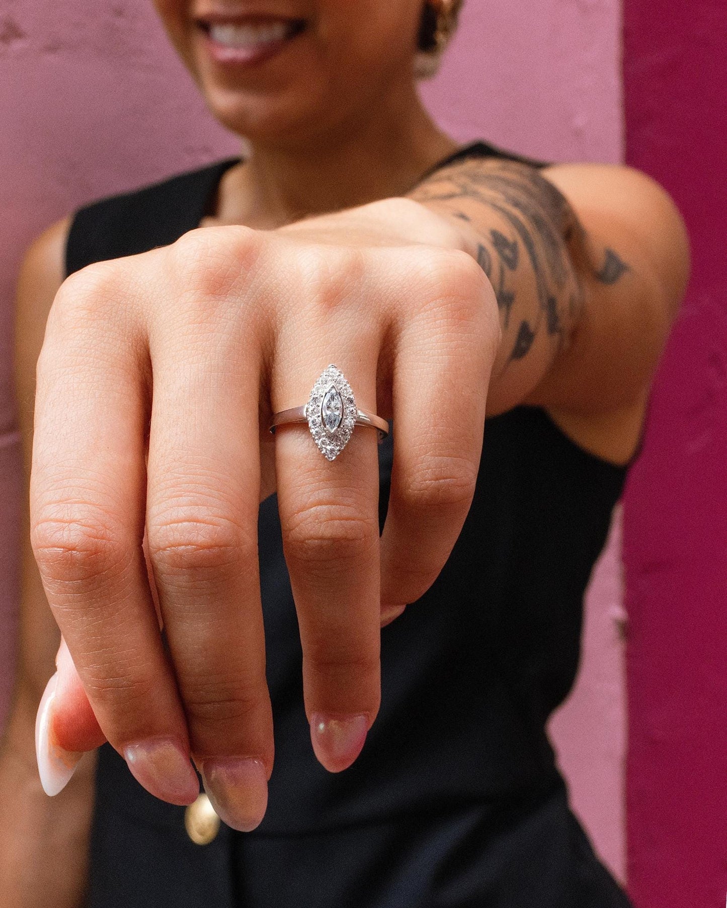 Navette Diamond Ring in 14K White Gold