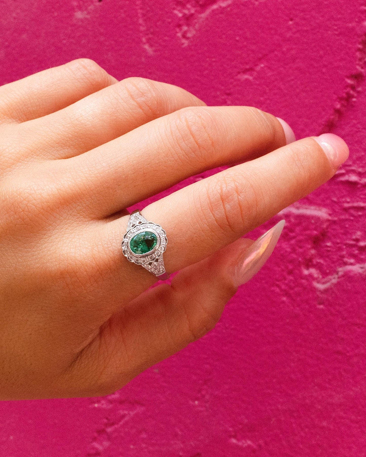 Emerald & Diamond Ring in 14K White Gold
