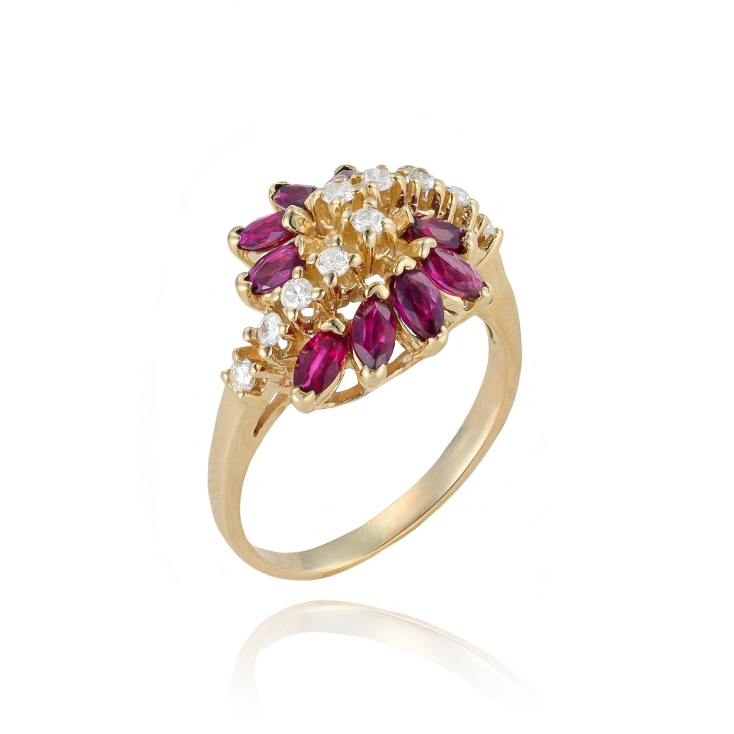 VINTAGE Ruby & Diamond Bypass Double Flower Ring in 14K