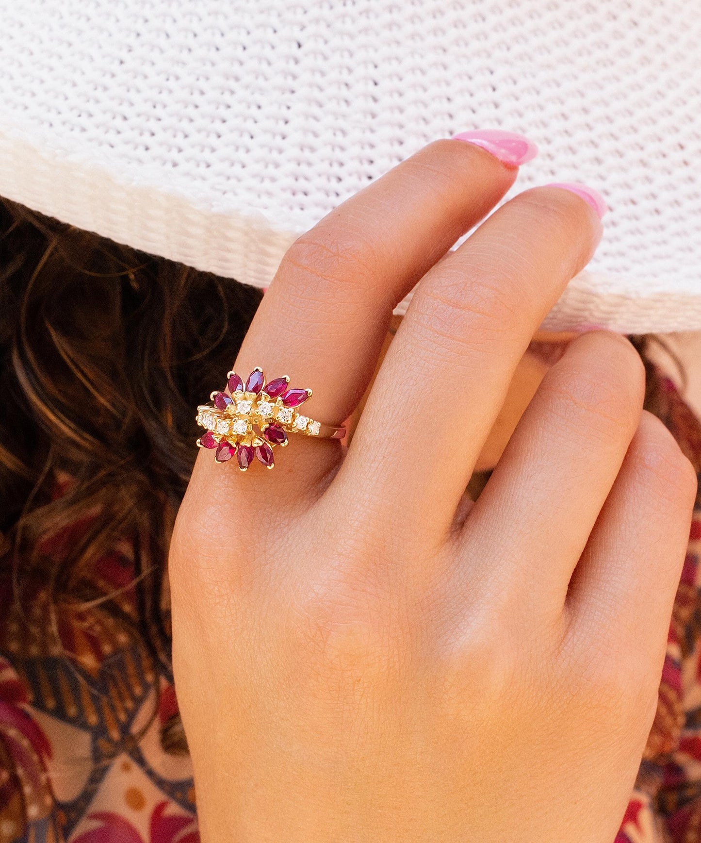 VINTAGE Ruby & Diamond Bypass Double Flower Ring in 14K