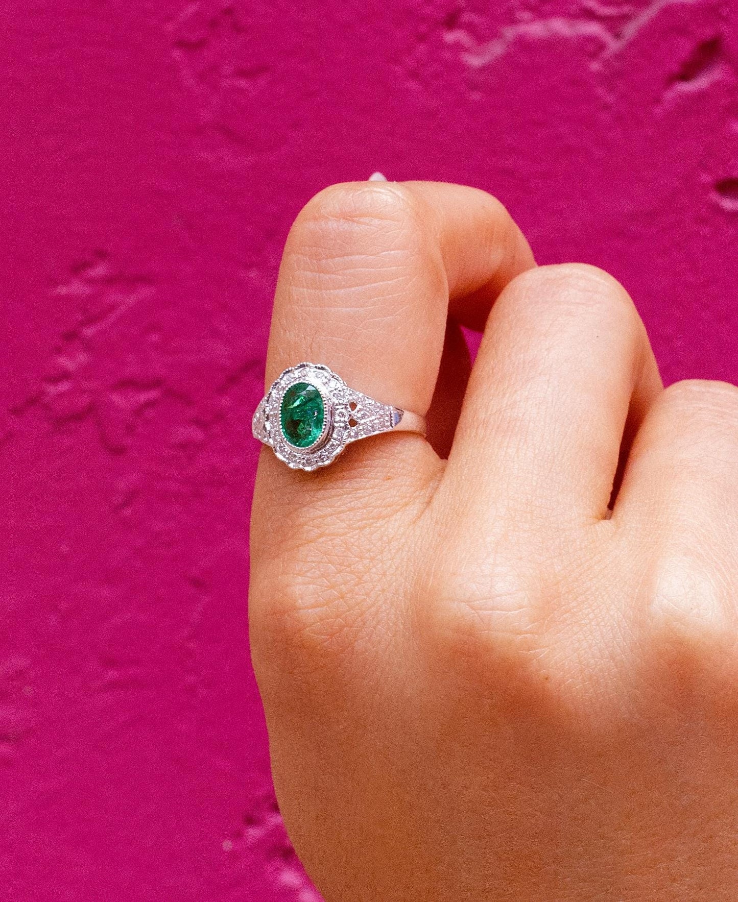 Emerald & Diamond Ring in 14K White Gold