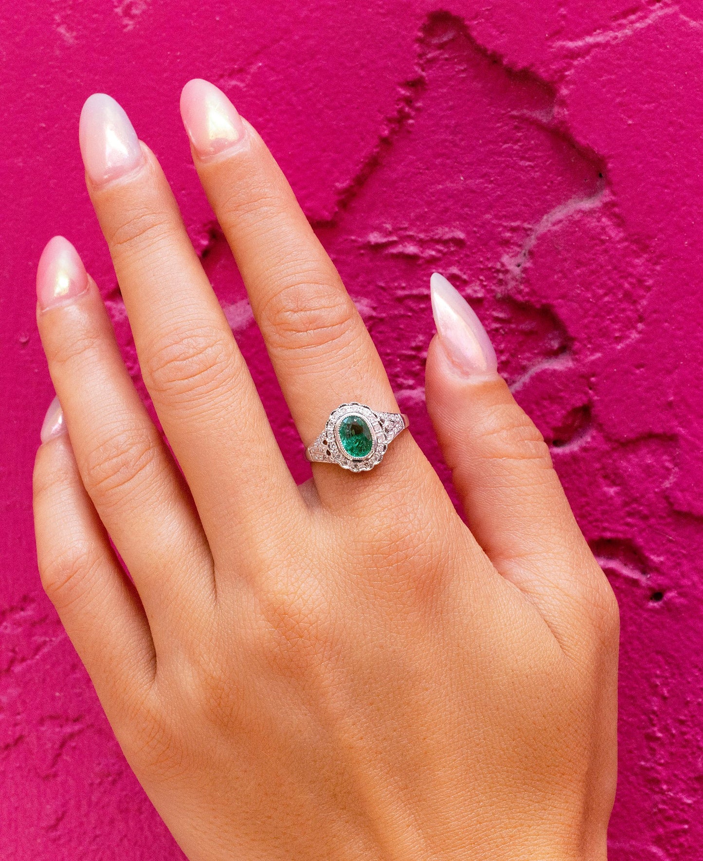 Emerald & Diamond Ring in 14K White Gold
