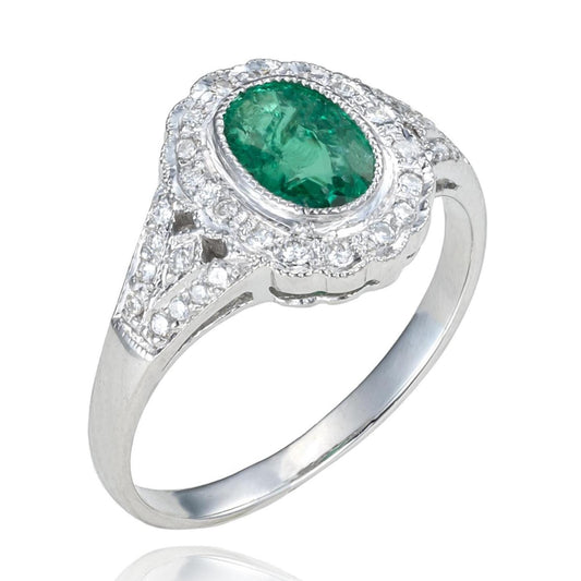 Emerald & Diamond Ring in 14K White Gold
