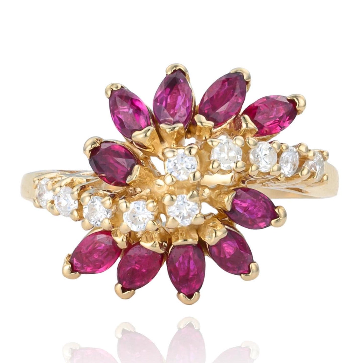 VINTAGE Ruby & Diamond Bypass Double Flower Ring in 14K