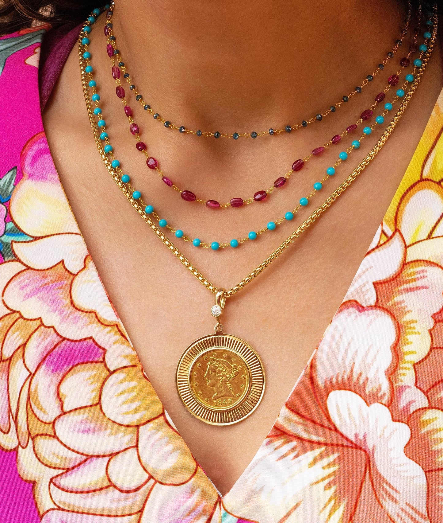 Turquoise & 18K Gold Beaded Rosary Necklace