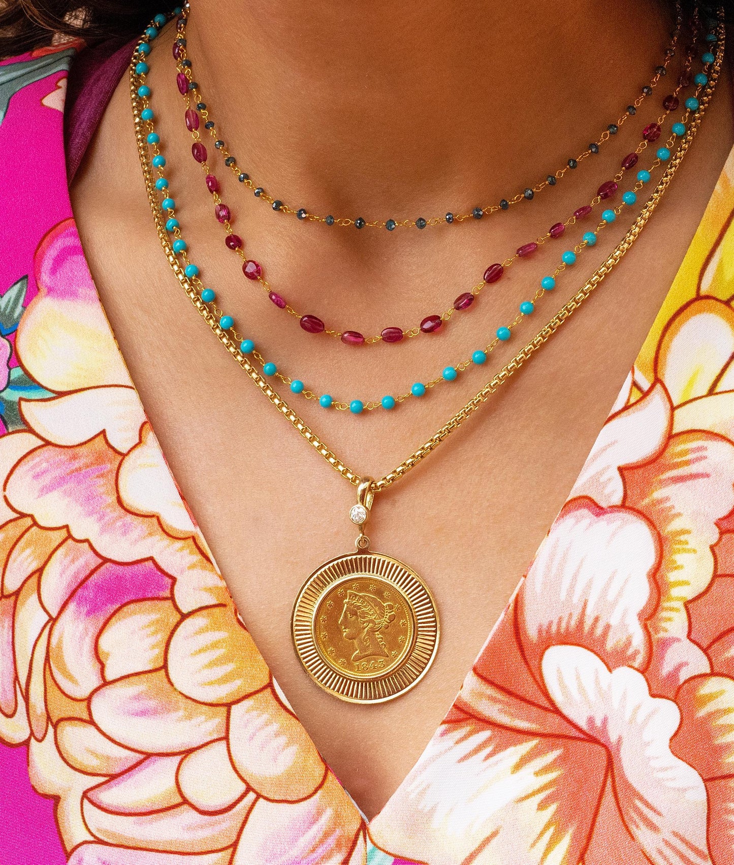 Pink Tourmaline & 18K Gold Beaded Rosary Necklace