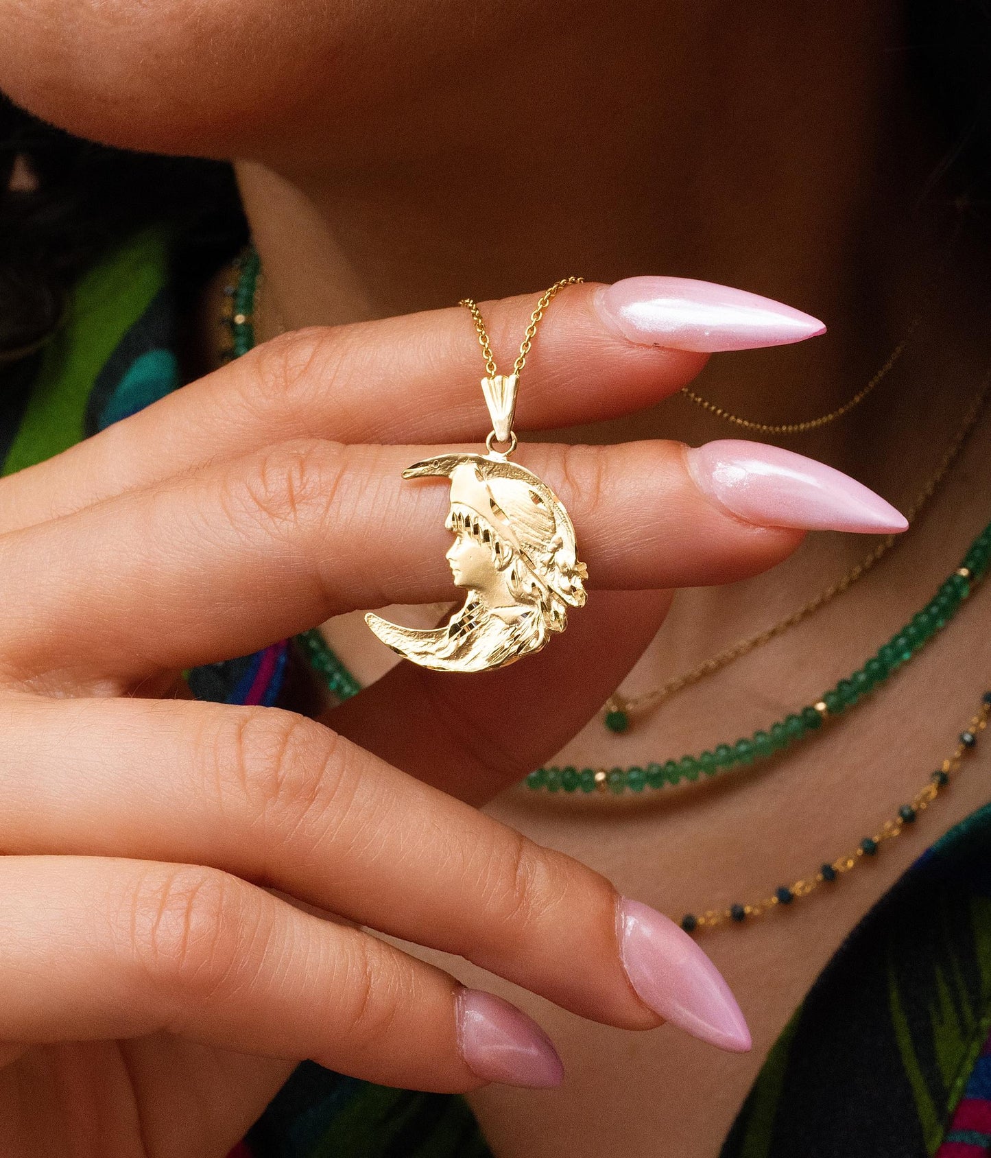 Lady on the Moon Pendant in 14K Yellow Gold