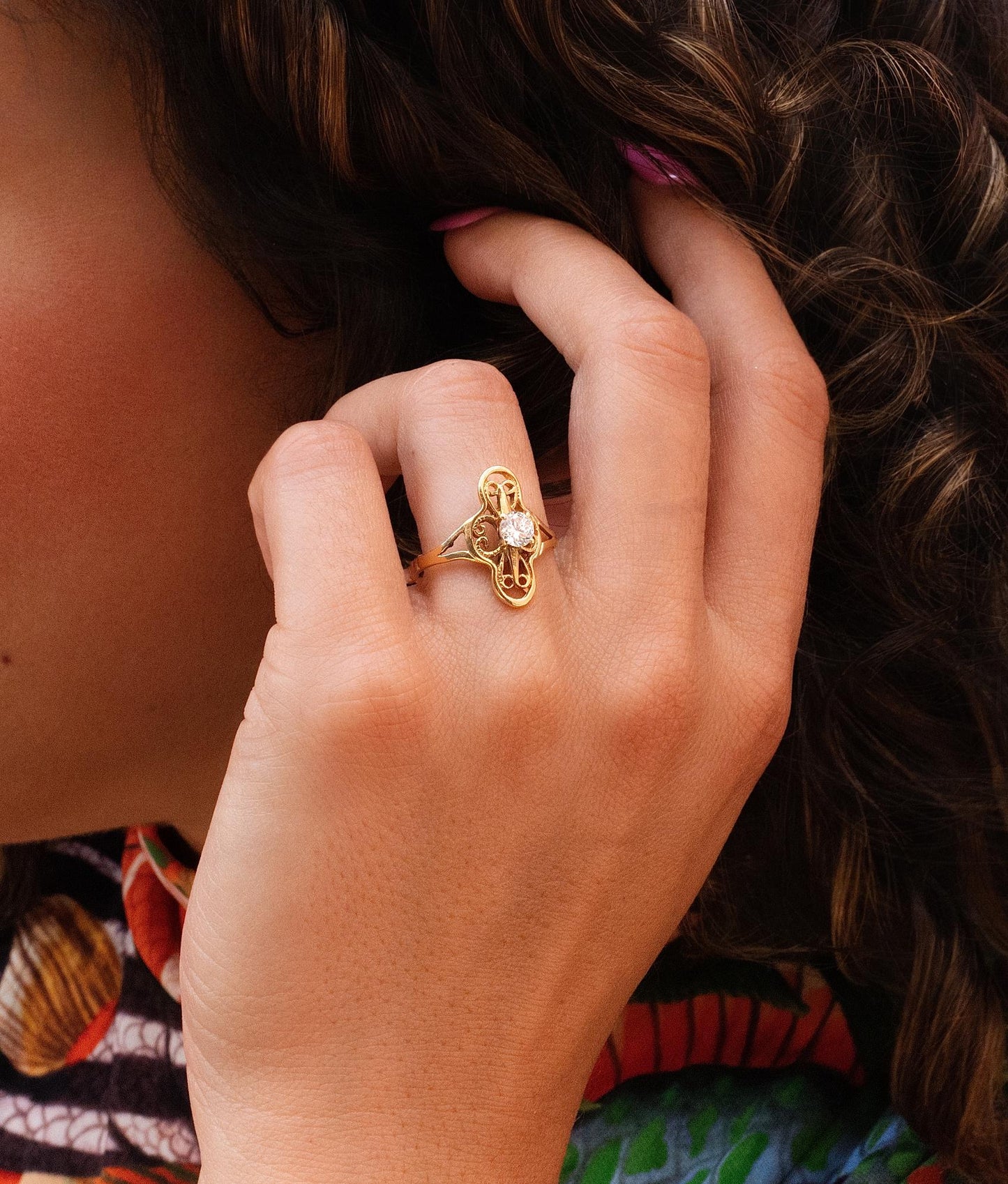 ANTIQUE Edwardian Diamond Filigree Navette Ring in 14K Yellow Gold