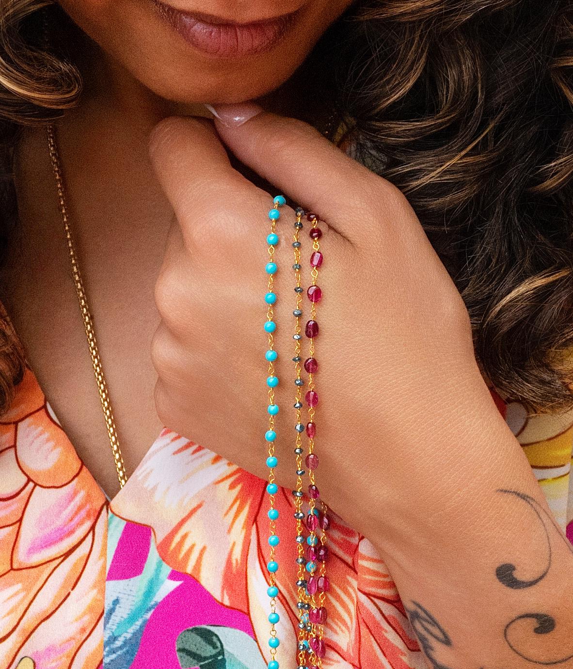 Blue Diamond & 18K Gold Beaded Rosary Necklace