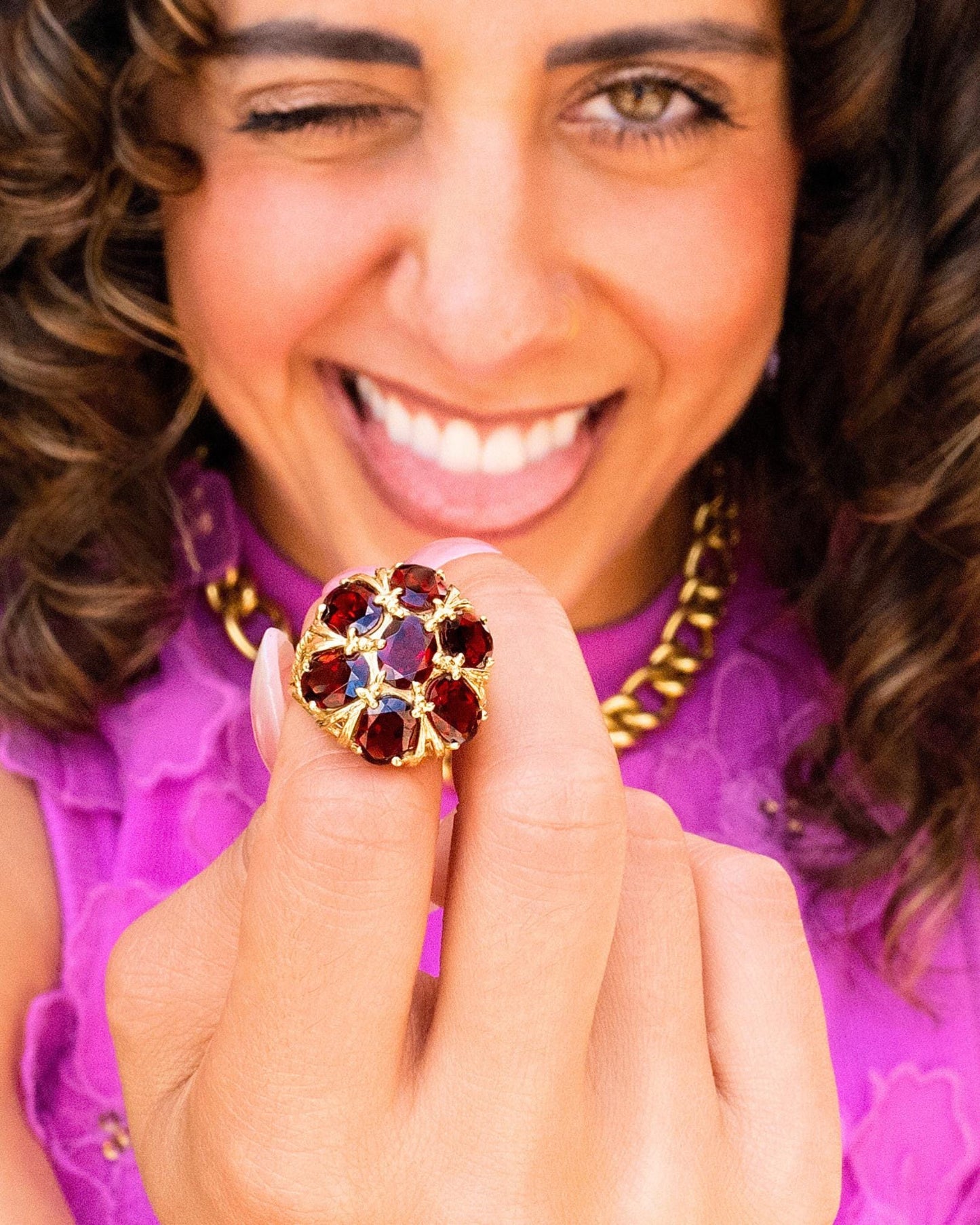 Garnet Floral Cluster Cocktail Ring in 10K Yellow Gold