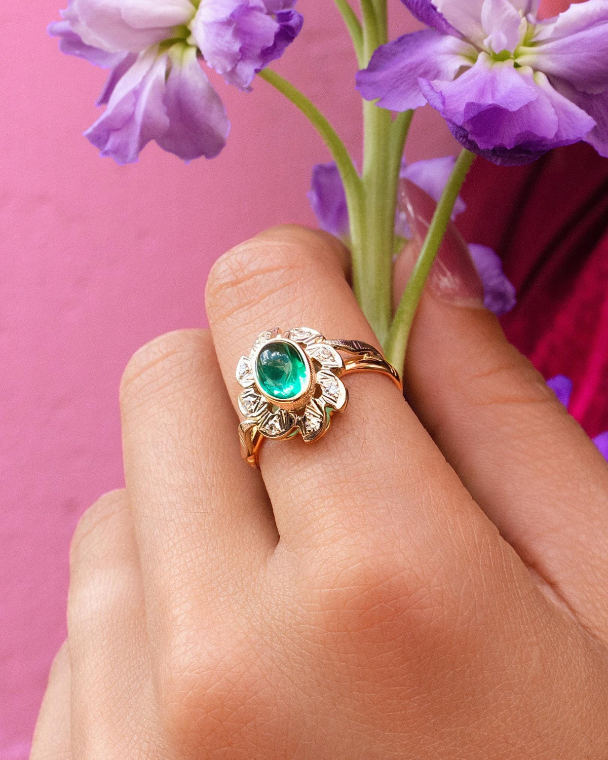 Latvian Emerald Cabochon Ring in 14K Gold