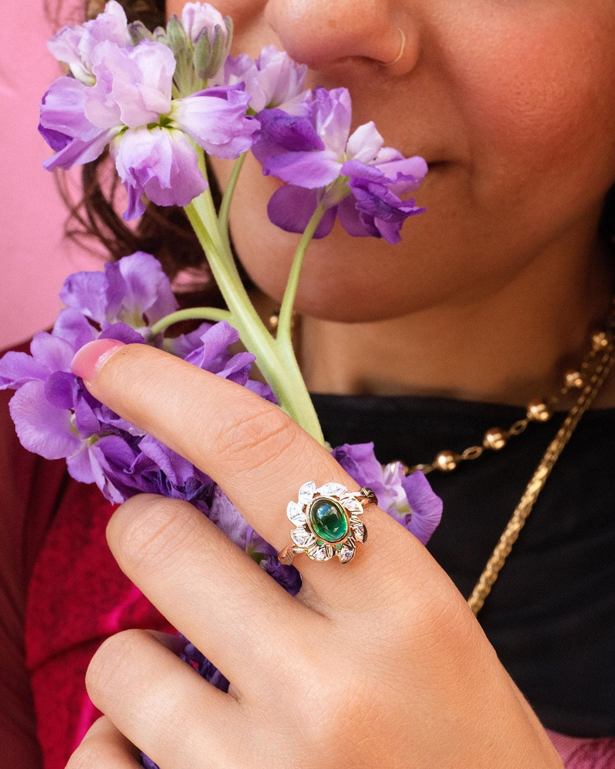 Latvian Emerald Cabochon Ring in 14K Gold