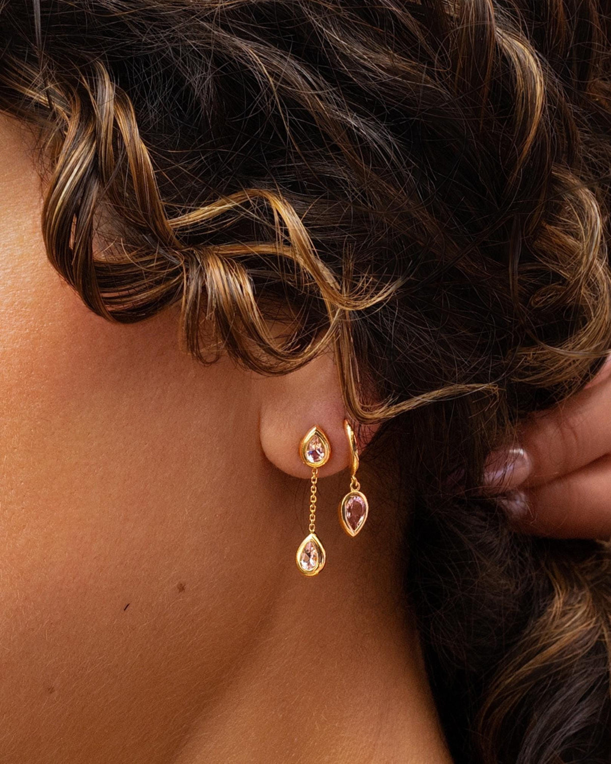 Morganite Dangle Huggie Earrings in 14K Yellow Gold