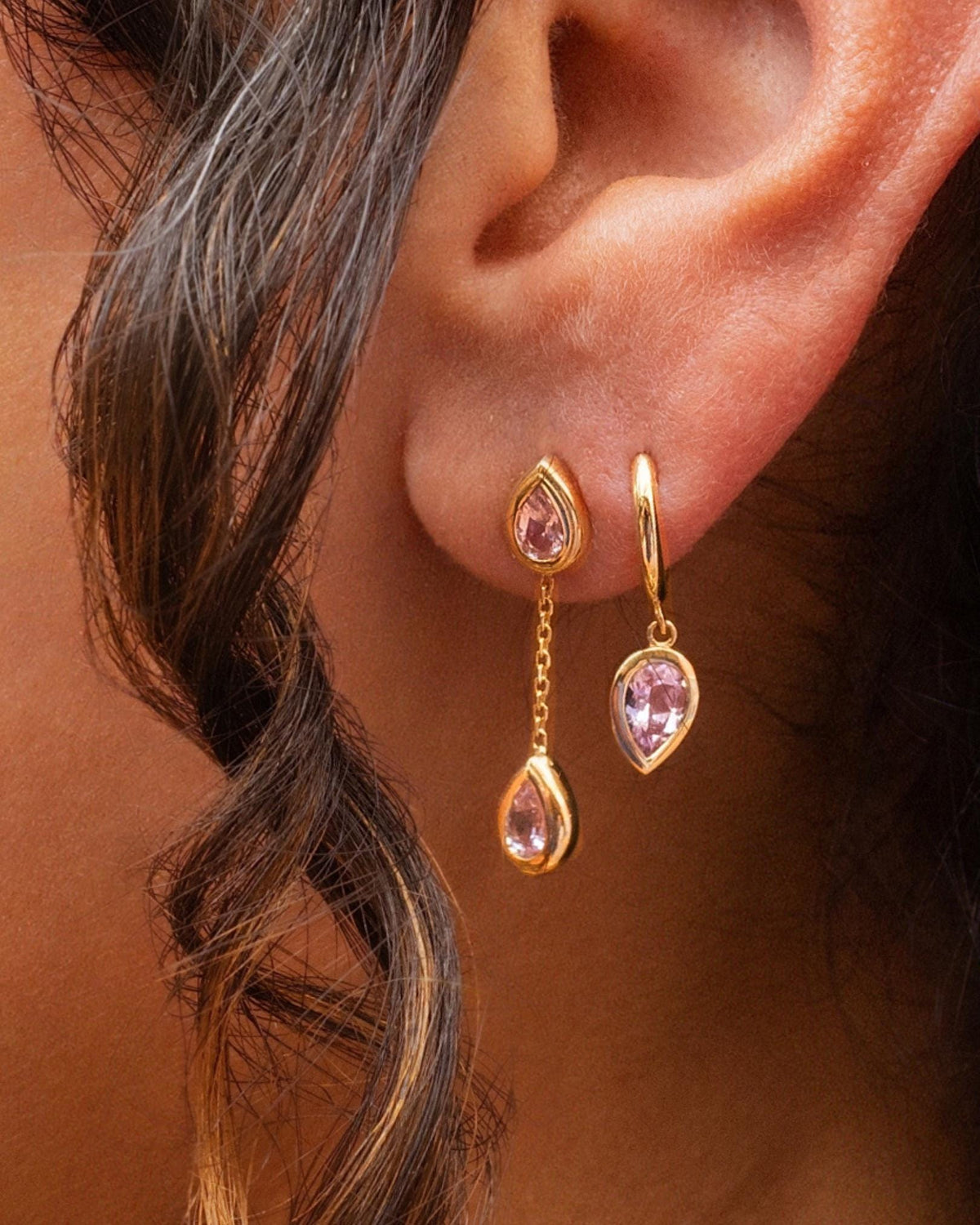 Morganite Dangle Huggie Earrings in 14K Yellow Gold