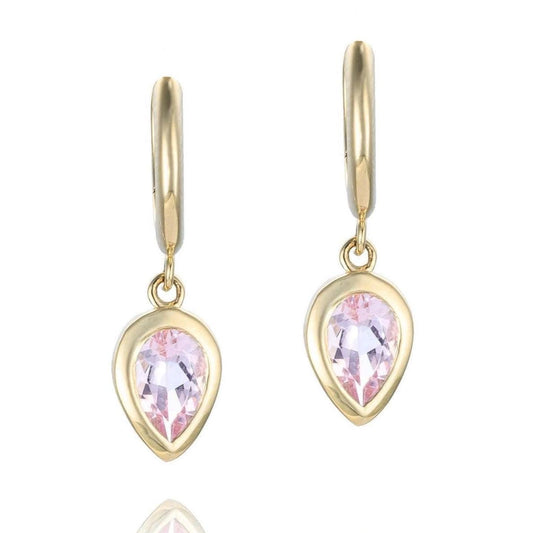 Morganite Dangle Huggie Earrings in 14K Yellow Gold