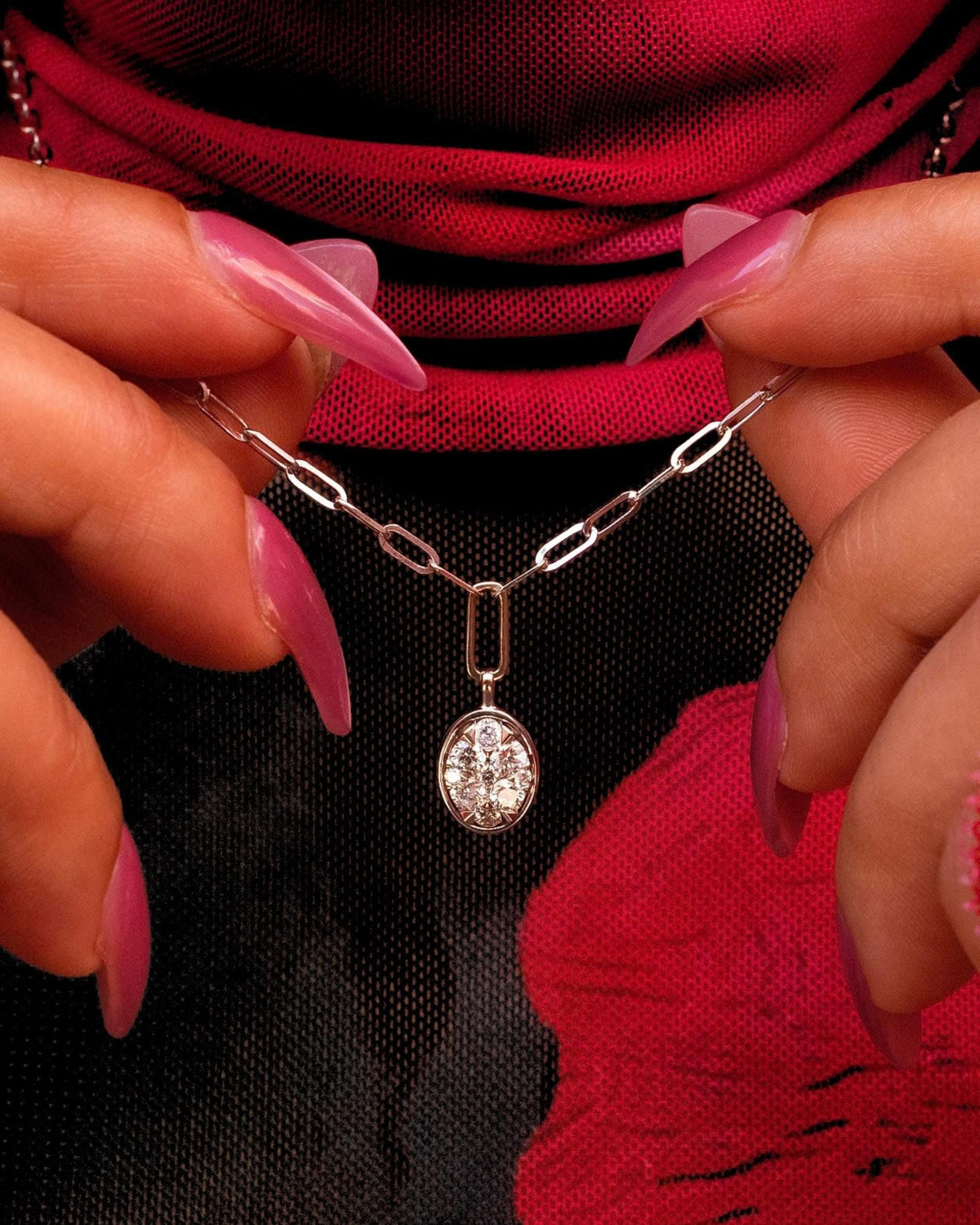 Diamond Cluster Drop Paperclip Necklace in 14K White Gold