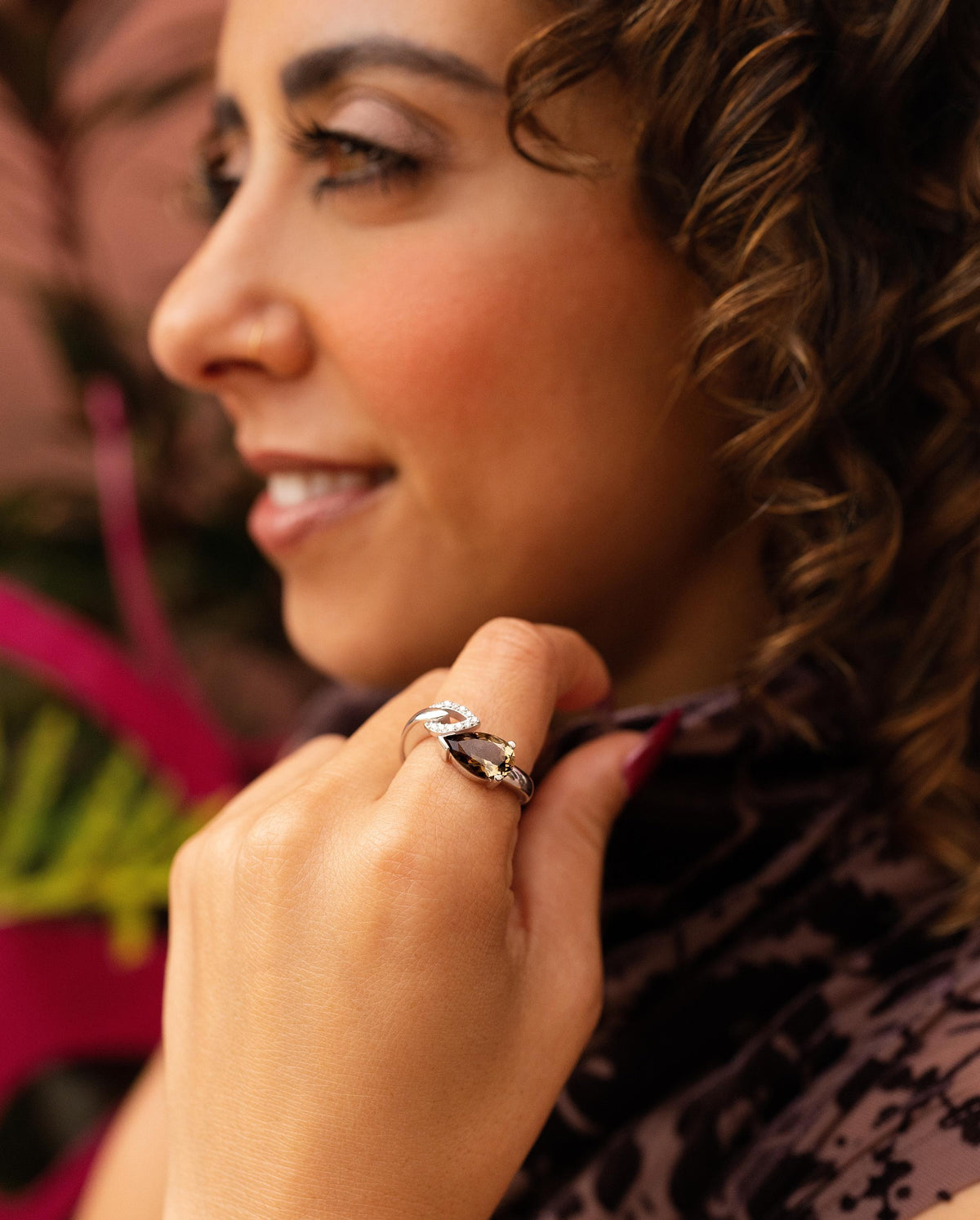 Smoky Quartz & Diamond Bypass Ring in 14K White Gold