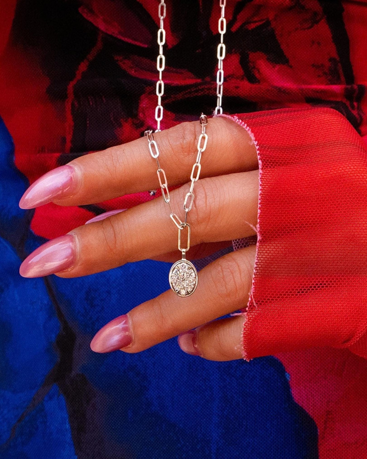Diamond Cluster Drop Paperclip Necklace in 14K White Gold