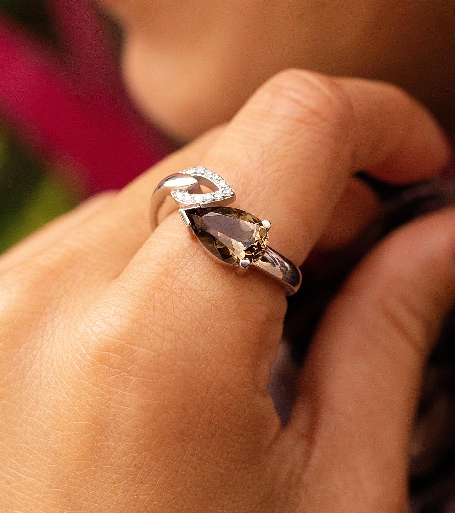 Smoky Quartz & Diamond Bypass Ring in 14K White Gold