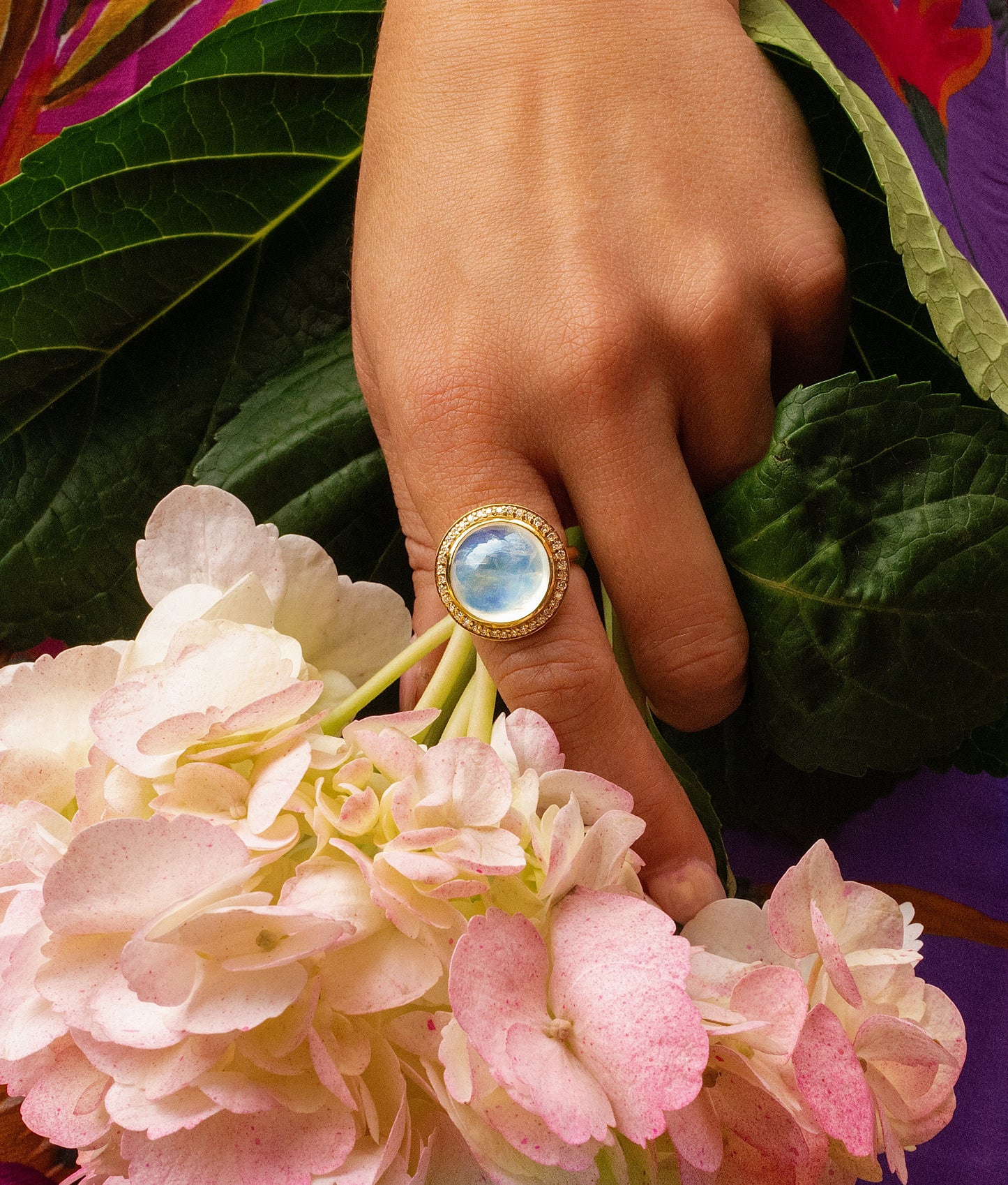 Rainbow Moonstone "Crystal Ball" & Diamond Bezel Statement Ring in 18K Yellow Gold