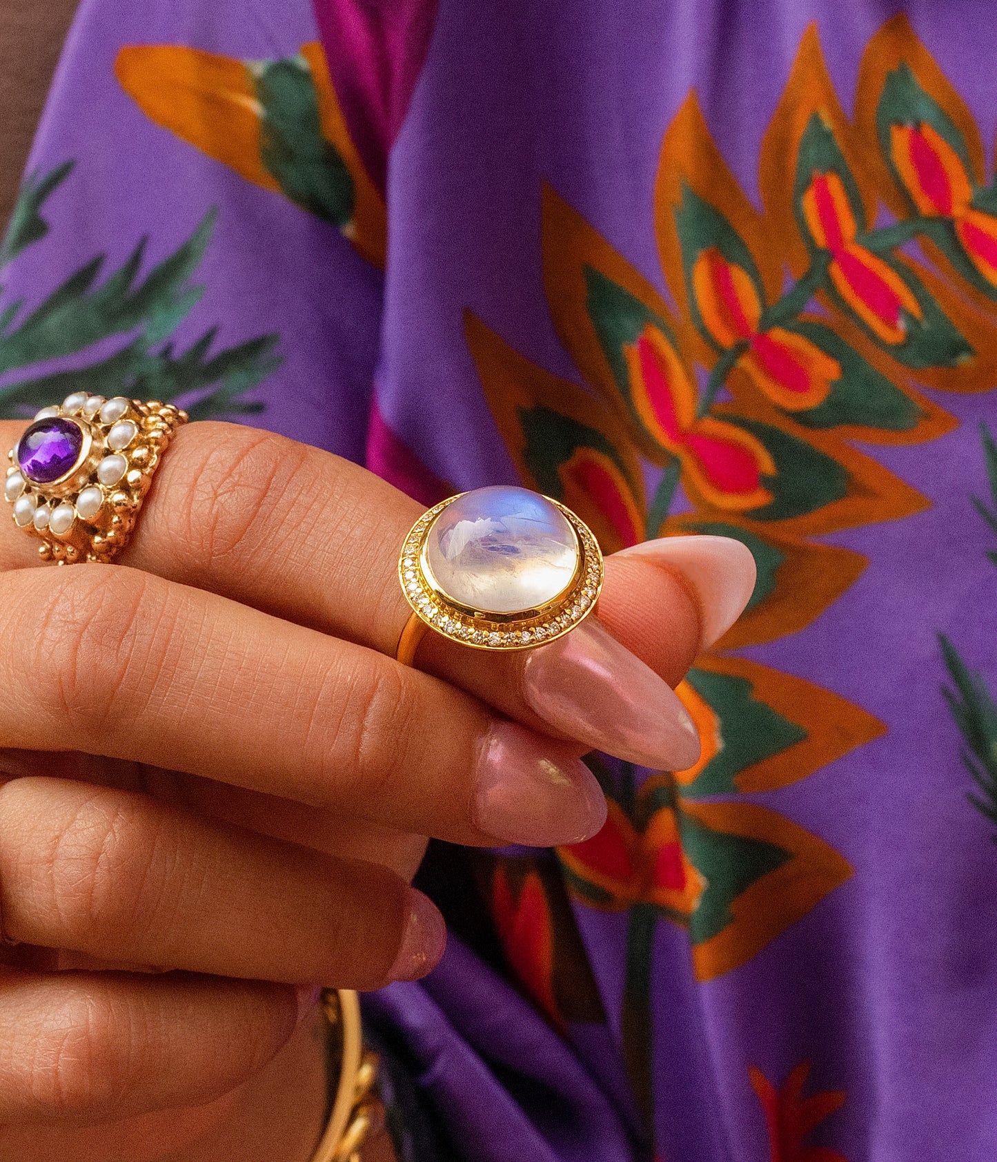 Rainbow Moonstone "Crystal Ball" & Diamond Bezel Statement Ring in 18K Yellow Gold