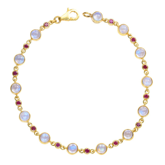 Moonstone & Ruby Tennis Bracelet in 14K Yellow Gold