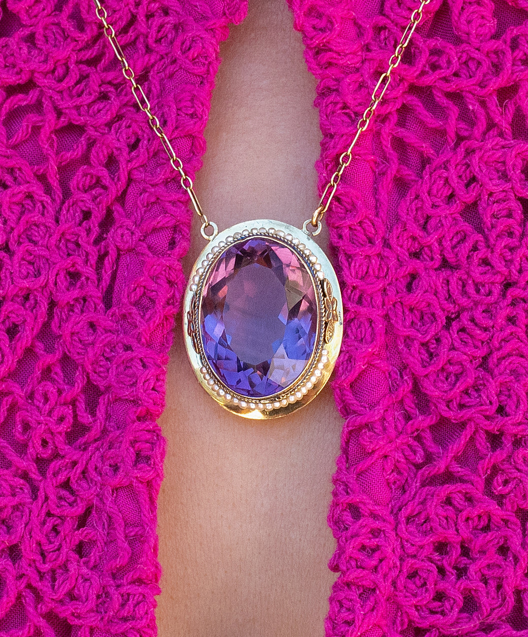 Victorian Amethyst & Seed Pearl Necklace in 14K Yellow Gold