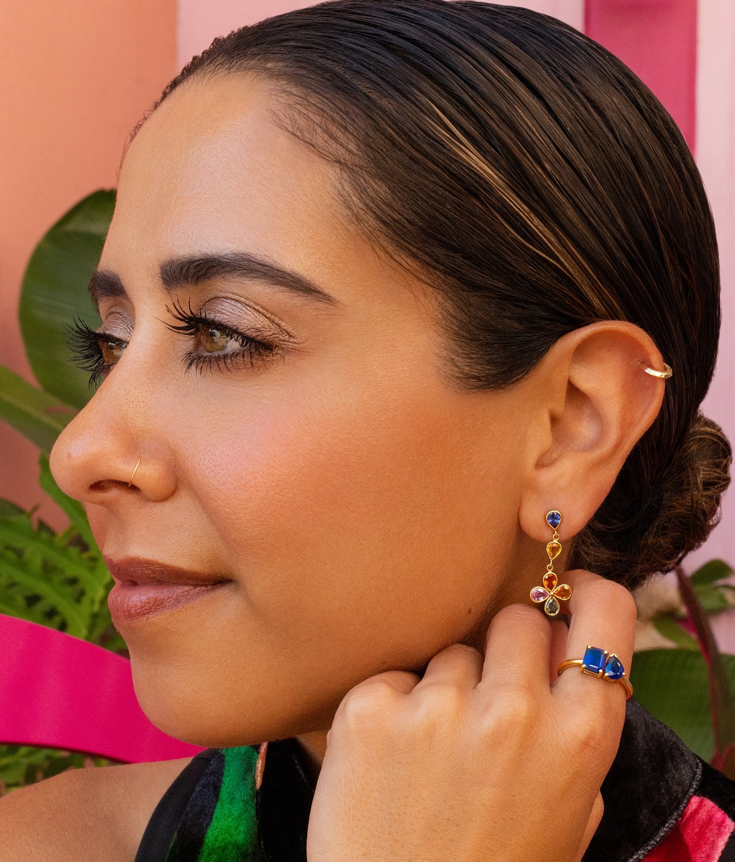 Multi Sapphire Flower Drop Earrings in 14K Yellow Gold