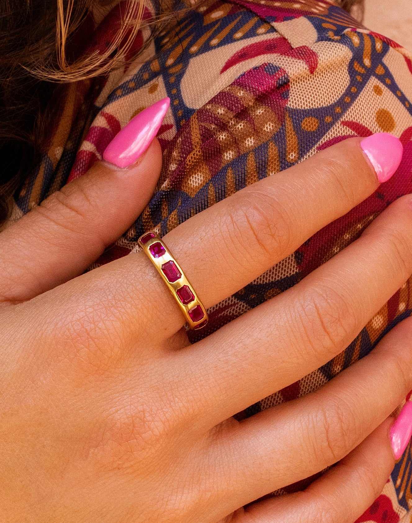 Ruby Brushed Eternity Band in 18K Yellow Gold