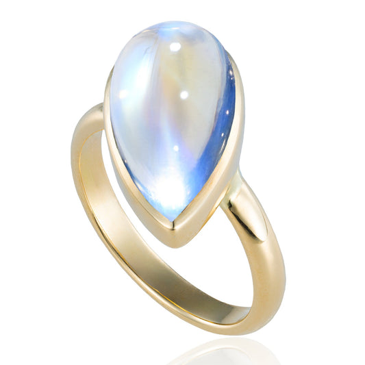 Offset Pear Rainbow Moonstone Bezel Ring in 18K Yellow Gold