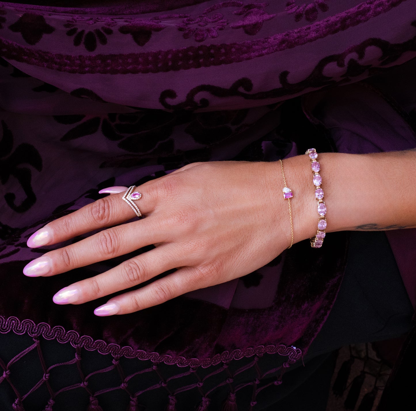 Toi et Moi Diamond & Pink Sapphire Sapphire Bracelet in 14K Yellow Gold