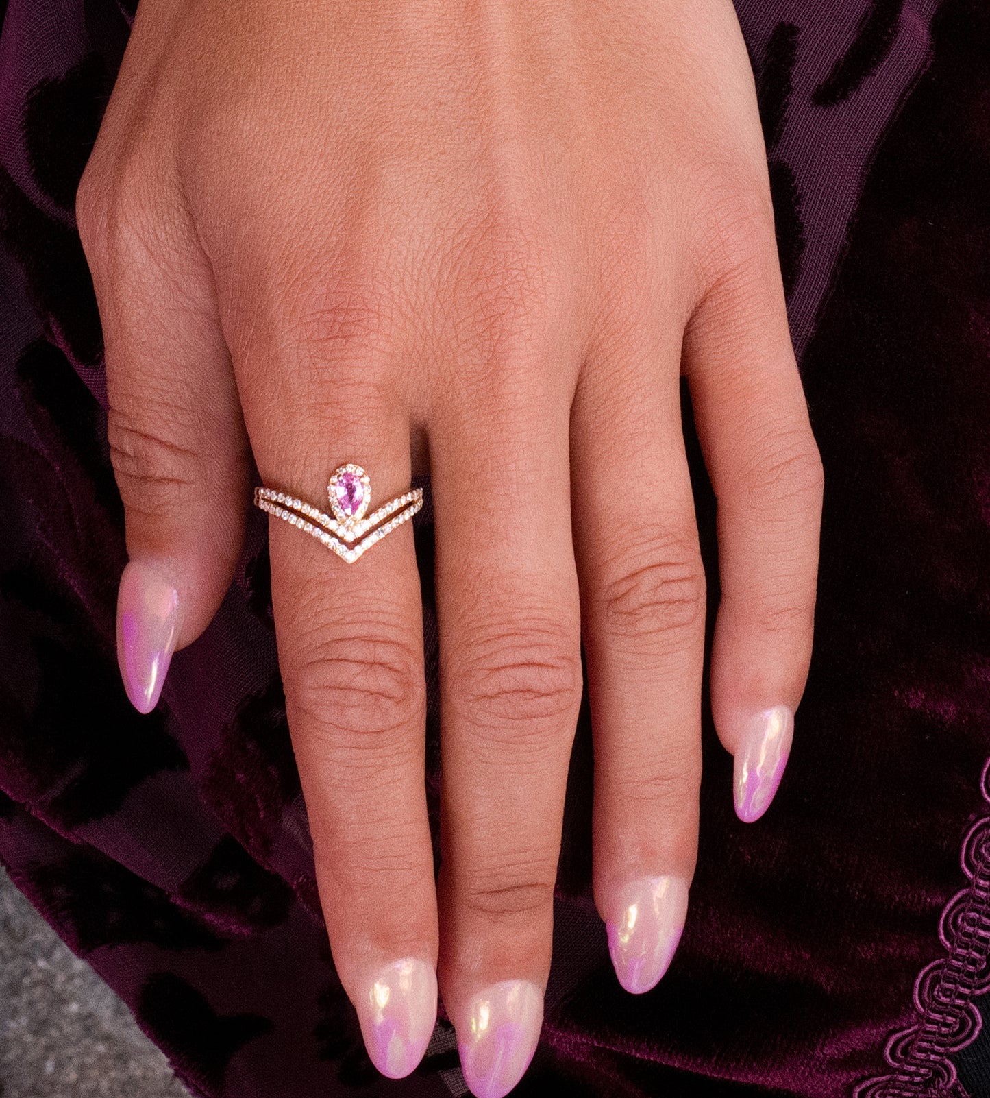 Pink Sapphire & Diamond Chevron Ring in 14K Yellow Gold