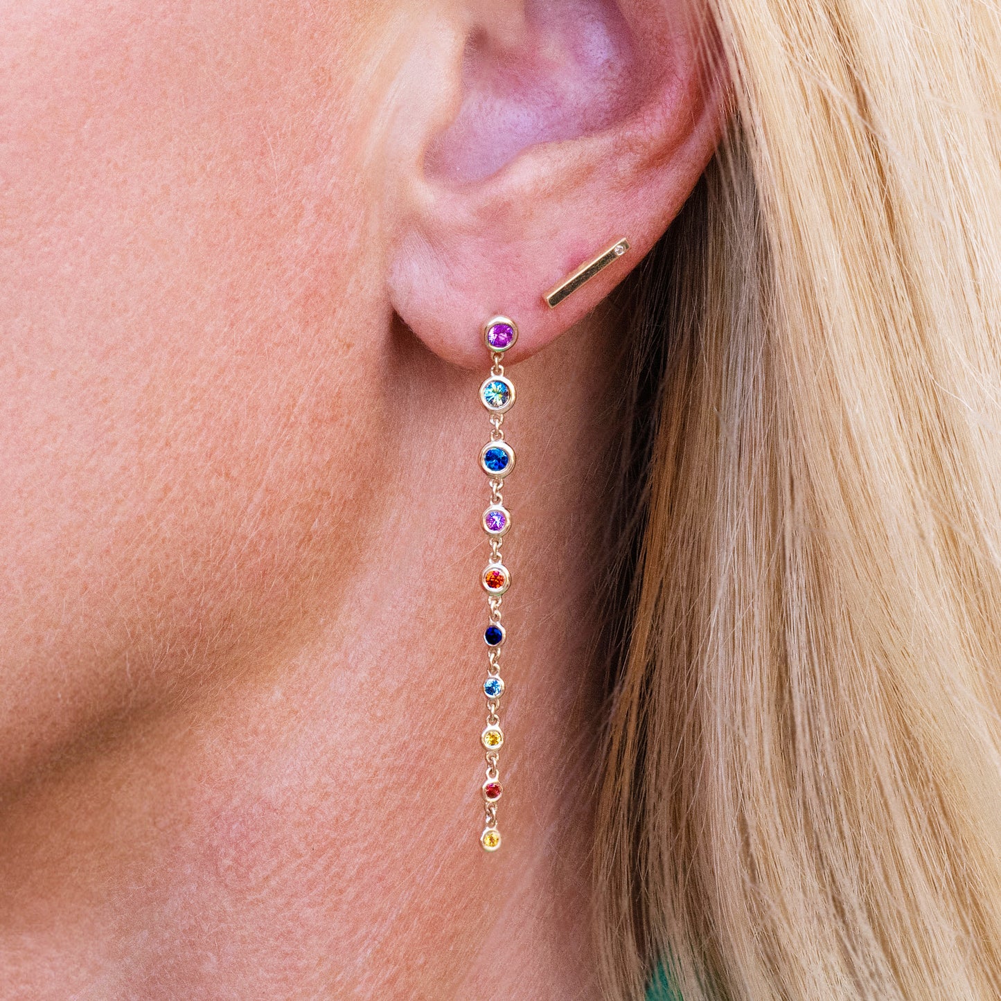 Rainbow Sapphire Bezel Long Drop Earrings in 14K Yellow Gold