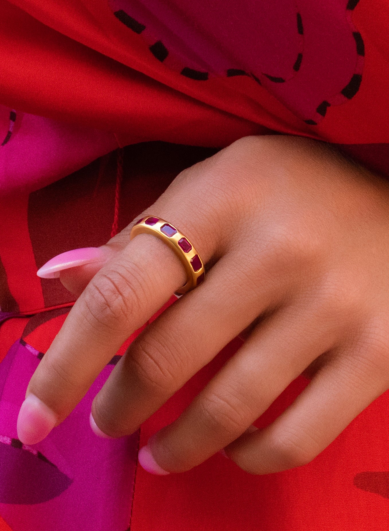 Ruby Brushed Eternity Band in 18K Yellow Gold