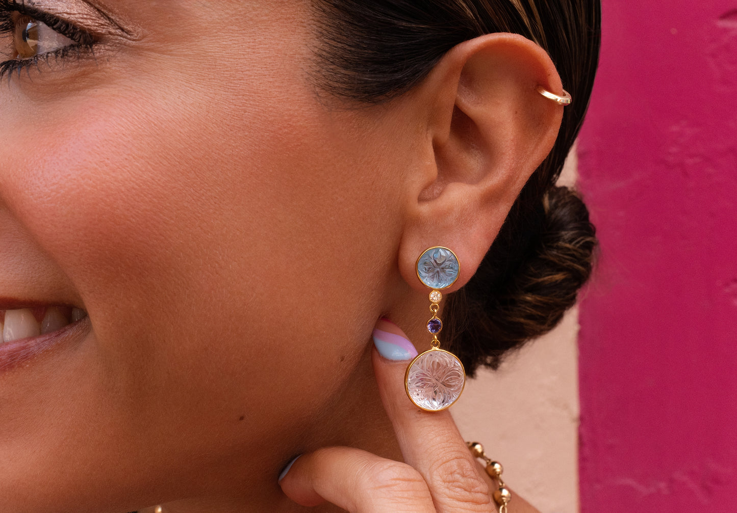 Carved Topaz and Quartz with Tanzanite & Diamond Bezel Drop Earrings in 14K Gold