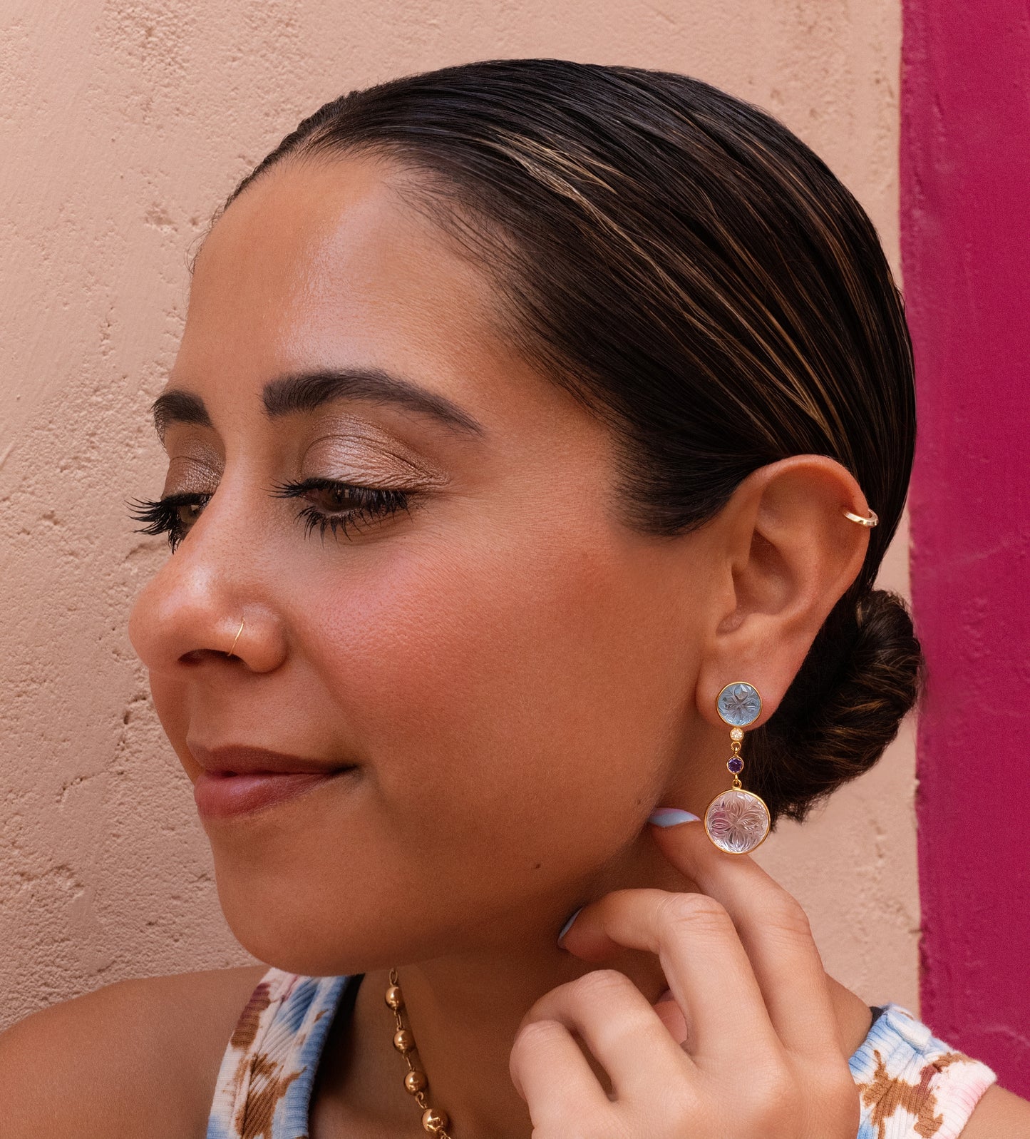 Carved Topaz and Quartz with Tanzanite & Diamond Bezel Drop Earrings in 14K Gold