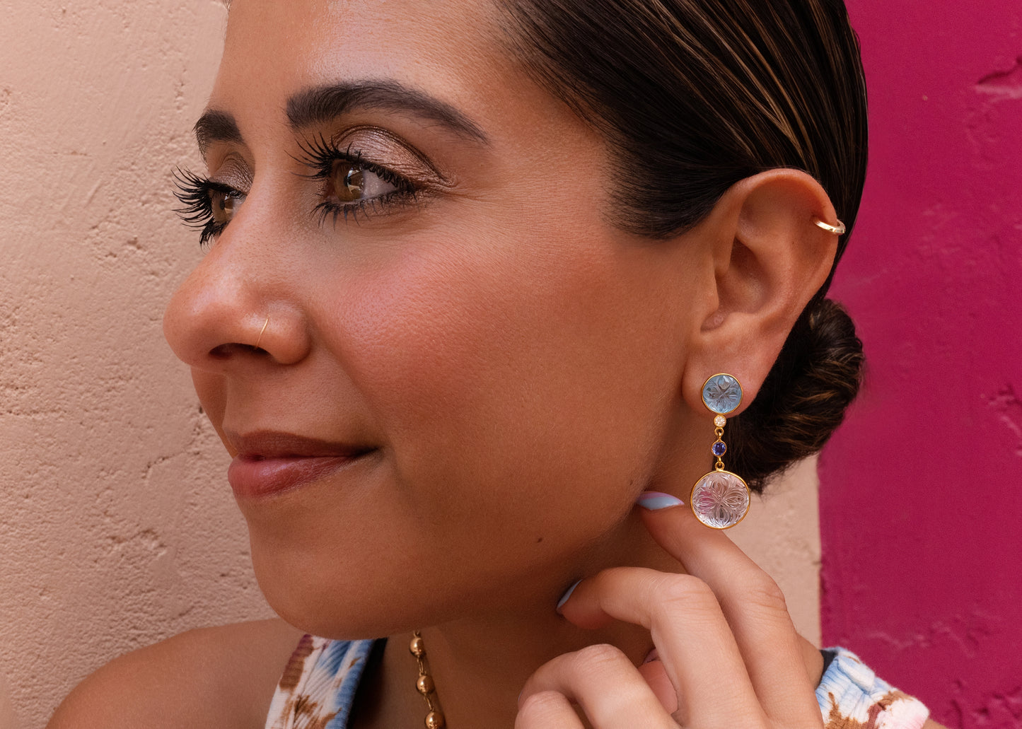 Carved Topaz and Quartz with Tanzanite & Diamond Bezel Drop Earrings in 14K Gold