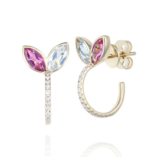 Pink Tourmaline, Topaz & Diamond Blooming Flower Hoop Earrings in 14K Yellow Gold